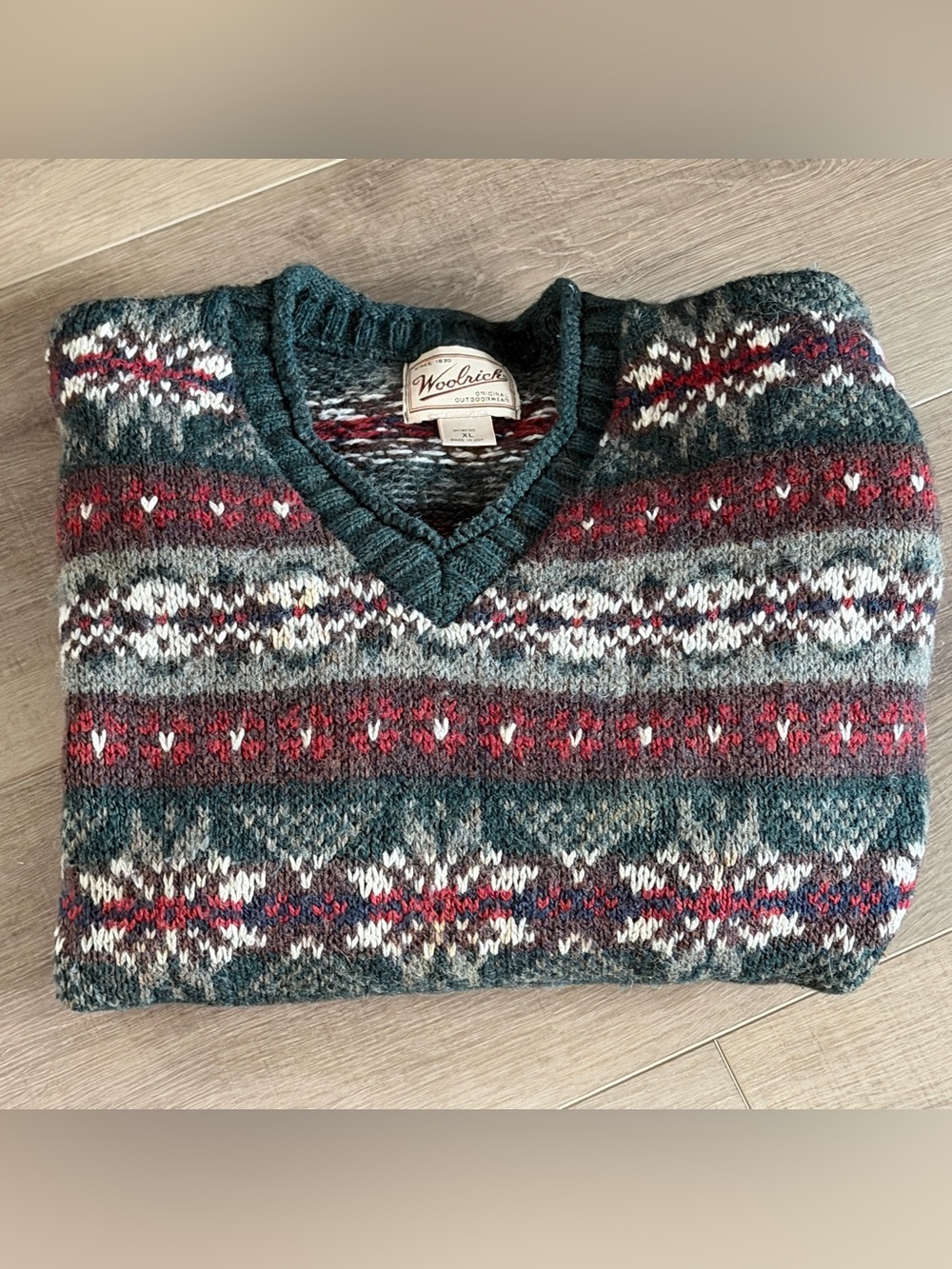 Vintage Woolrich Outwear Sweater Women XL Green Wool VNeck Sweater Fair Isle 90s - Picture 6 of 7
